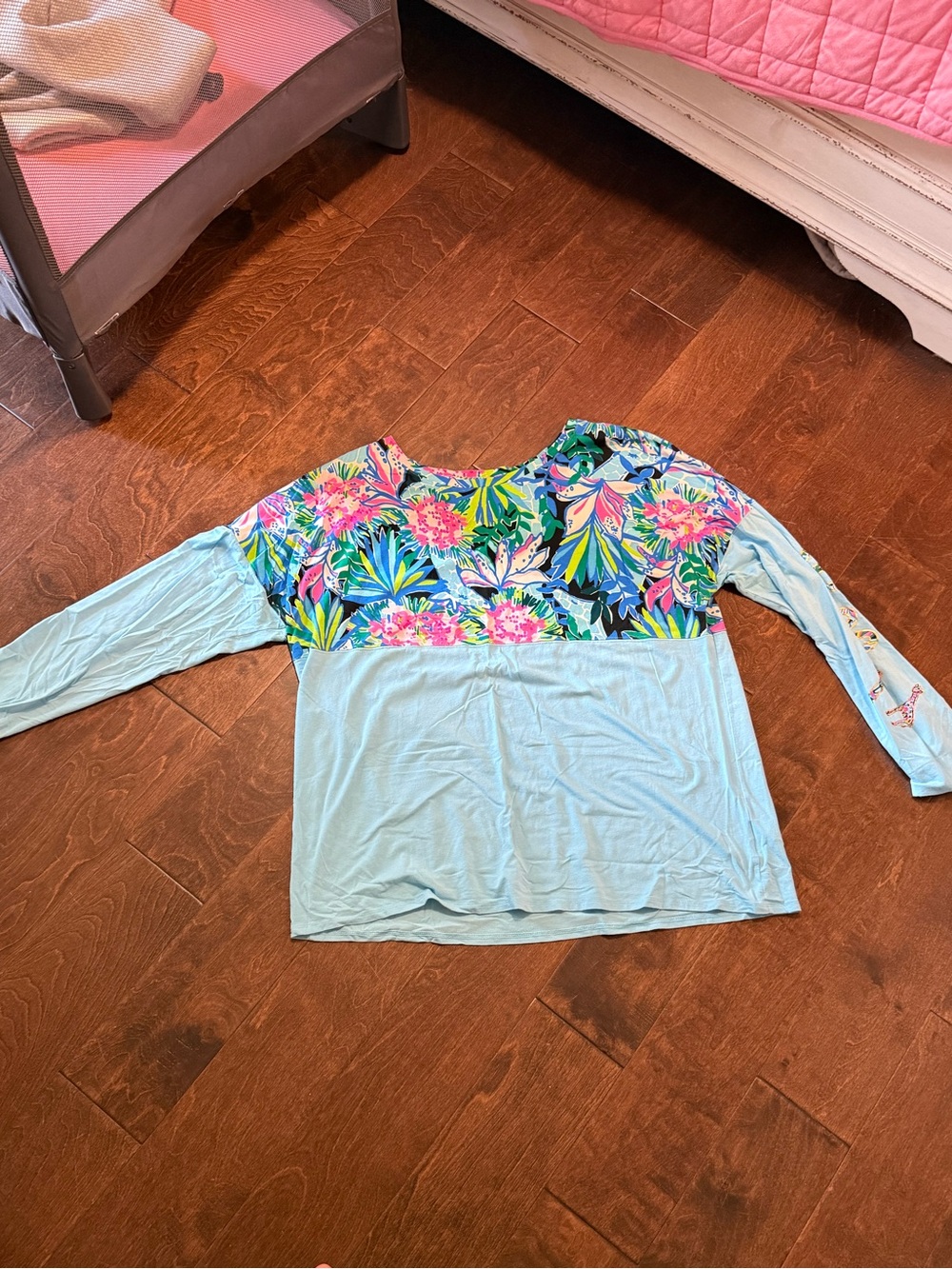 Lilly Pulitzer Light Blue Long Sleeve Top with Multicolor Floral Yoke